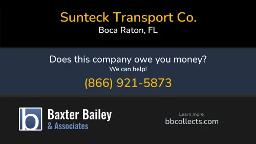 Sunteck Transport Co. www.suntecktransportgroup.com 6413 Congress Ave Boca Raton, FL DOT:2223631 MC:329363 MC:438912 1 (561) 988-9456 1 (800) 759-7910