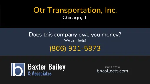 Updated Profile & Contacts for OTR Transportation, Inc.. DOT: 2723925  MC: 920219.  FF: 0012640.  Located in Chicago, IL 60607 US. 